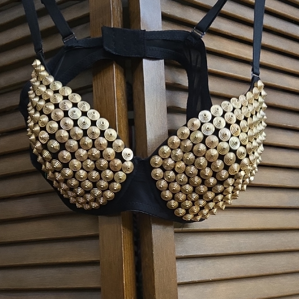 Source Unknown Black Bra with Gold Embellishments